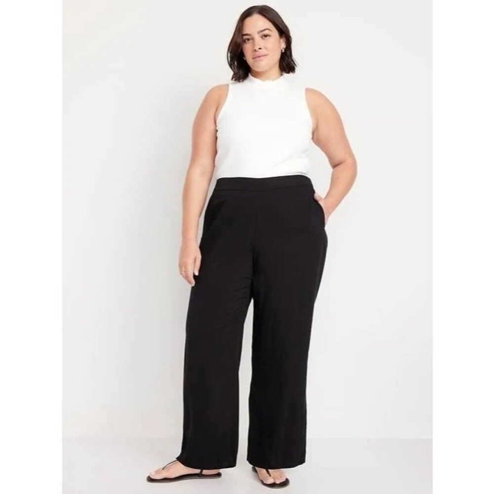 NWT Old Navy Womens Playa Wide Leg Pull On Flowy Pants 2X Black Comfort Beach